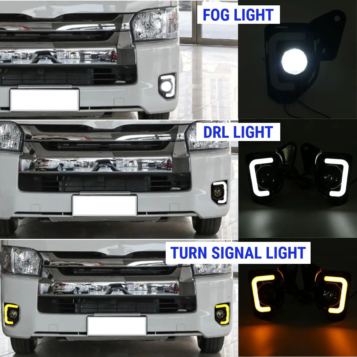 2PCS LED Car Fog Lamp DRL Daytime Running Lights Turn Signal with H11 Bulbs Assembly for Toyota Hiace Grandia Commuter 2014-2018