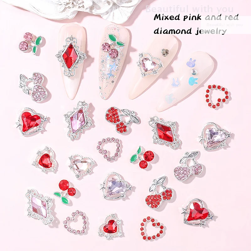 

5Pcs/lot 3D Alloy Cherry Nail Charms Luxury Nail Parts Gems Crystal Rhinestones Stone Nail Art Decorations Love Diamond