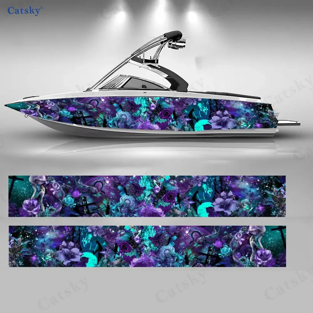2Pcs Purple & Blue Fantasy Floral Boat Stickers, PVC Waterproof Vinyl Wrap Decals for Fishing Boats, Durable and Stylish Design