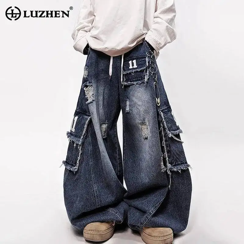 LUZHEN 2026 New Original Wornout Broken Hole Patched Multi Pockets Design Baggy Jeans Men's Fashion Street Denim Pants JY6729