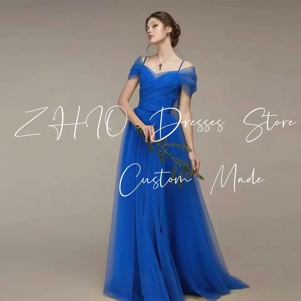 

ZHIO Fairy Blue Evening Dress Off Shoulder Floor Length Tulle Long Prom Gown Saudi Arabic Special Occasion Party Dresses Custom