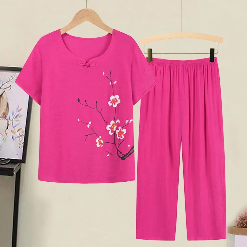 2 Pcs/Set Mid-aged Women Pajamas Set Short Sleeve Elastic Waist Loose Thin Wide Leg Mother Sleepwear Top Pants Set