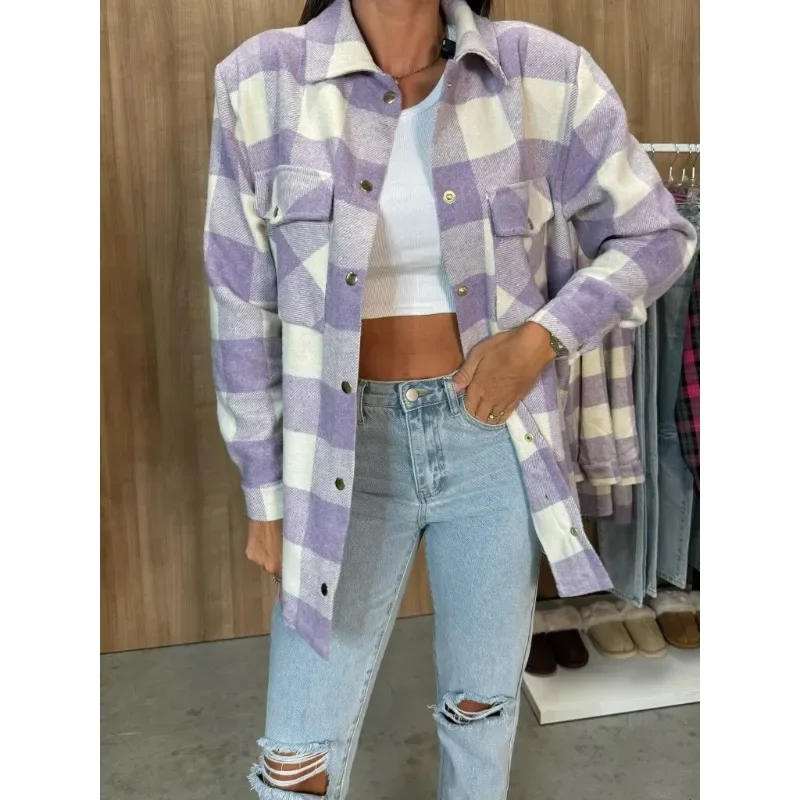

Новые женские модные клетчатые рубашки с длинным рукавом, цветные клетчатые пуговицы с принтом, женские блузки, модный топ, повседневная одежда