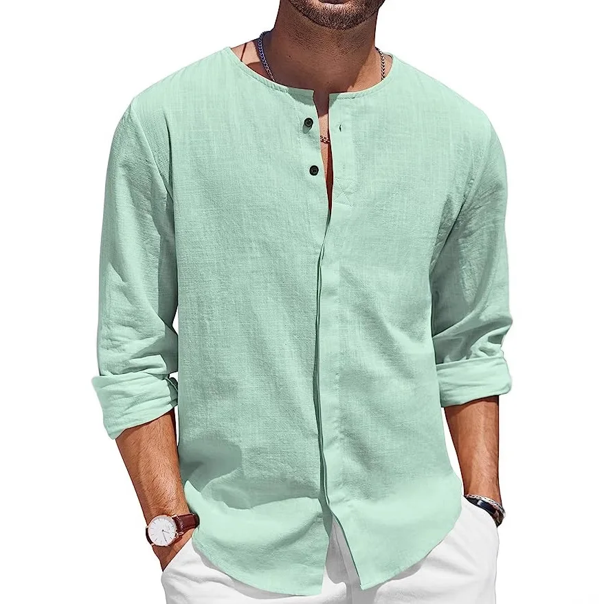 Camicia da spiaggia casual con collo a bottoni a maniche lunghe in cotone e lino tinta unita moda casual da uomo nuova