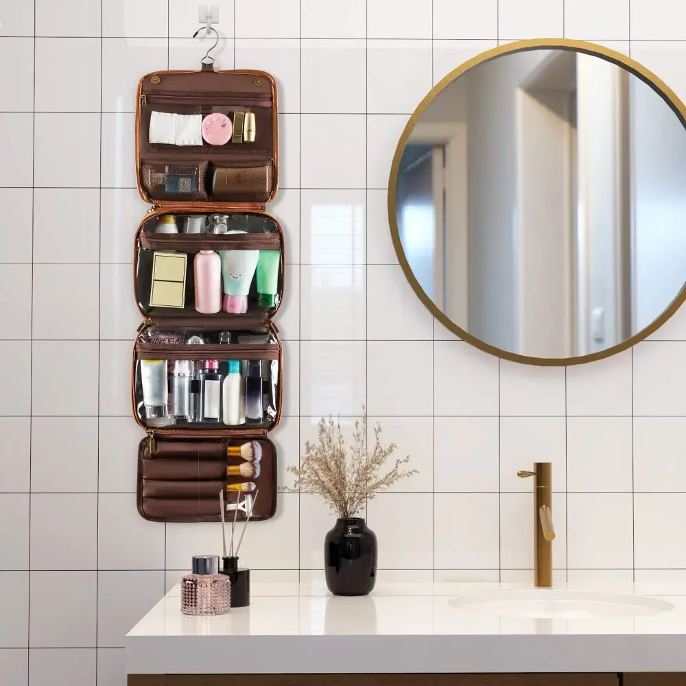 Multi-Pocket Makeup Bag Large Size PU Leather Hanging Toiletry Bag Waterproof Design Shaving Bag Business Trip