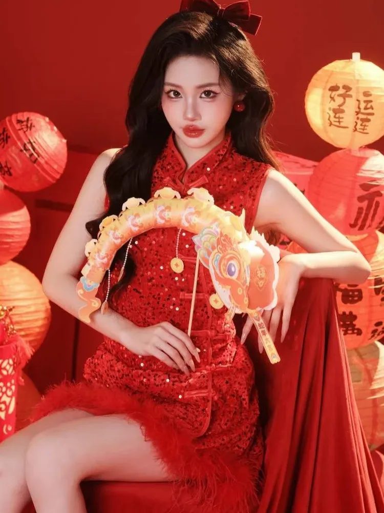 

Красный ретро-костюм с пайетками для фотосессий, новогодняя тематика, традиционный китайский костюм для женщин, модный наряд для фотостудии