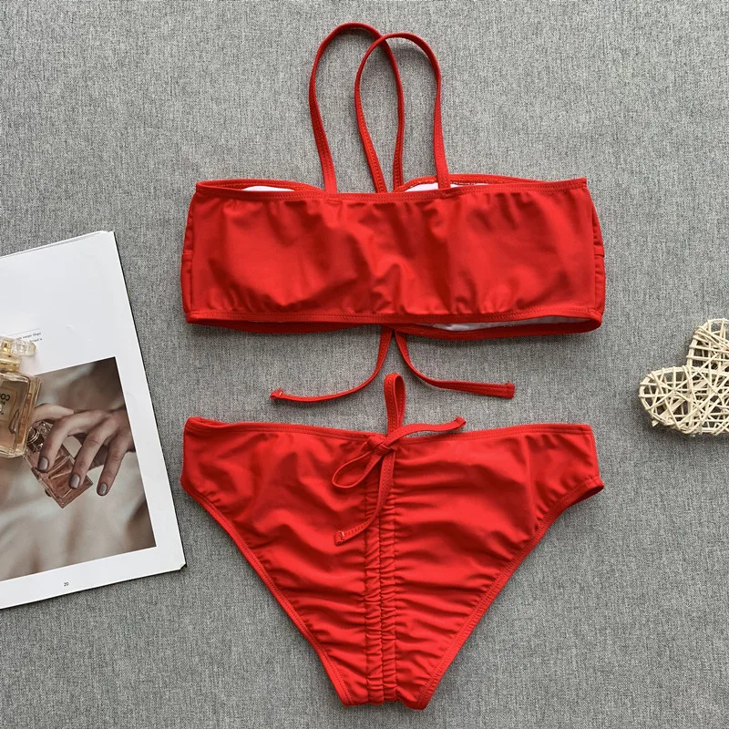 

Summer Sexy Bikini Set Swimwear Red Two Pieces Strappy Swimsuit Surfing Swimming Women Beach Separate Swimwear BKN27