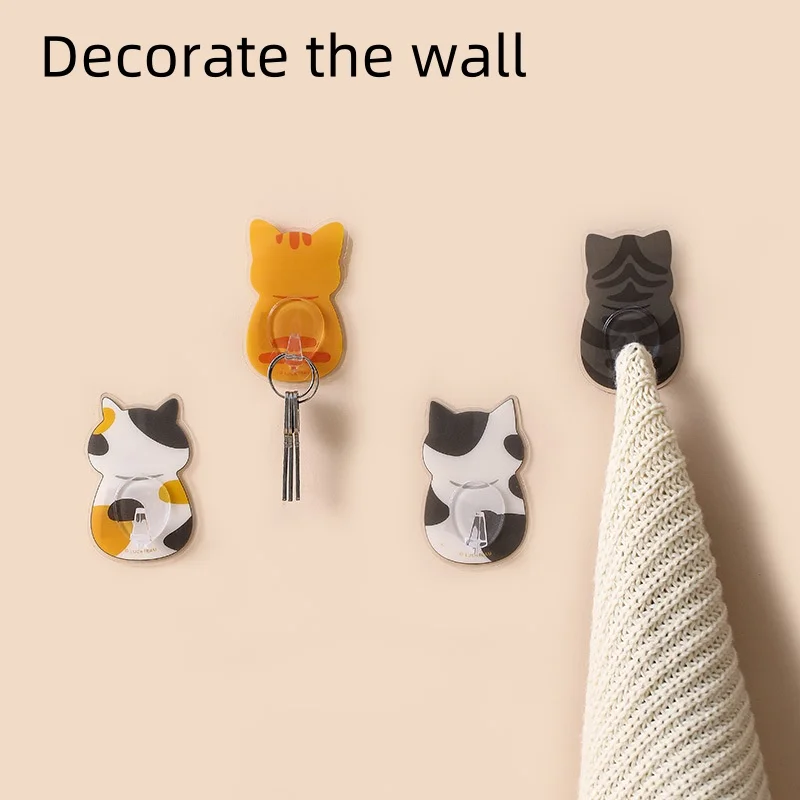 4pcs Self Adhesive Cartoon Cat Hooks Storage Holder for Bathroom Kitchen Hanger Stick on Wall Hanging Door Clothes Towel Racks