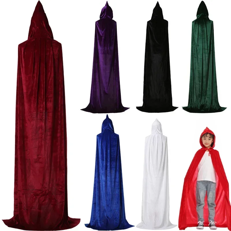 

Carnival Hooded Cloak Long Velvet Cape Robe Green Black Red Purim Coats Medieval Witch Wicca Vampire Costume for Adult