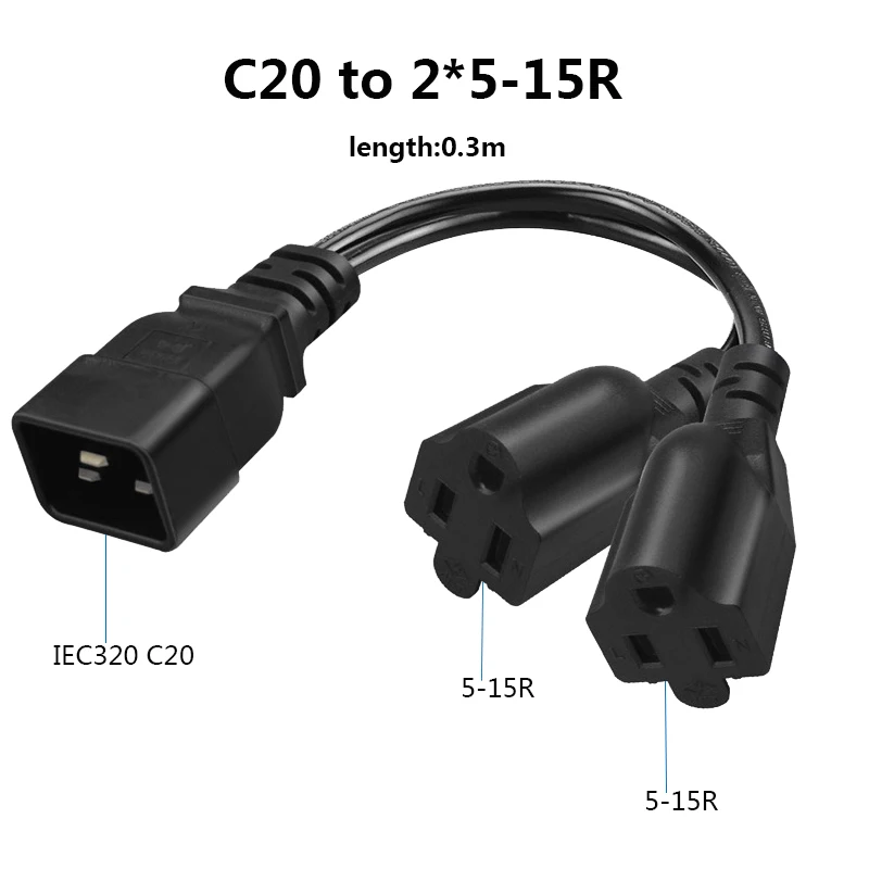 Y Splitter IEC 320 C20 AC Power Extension Cable TO Dual US NEMA 5-15R 3 Prong Female PDU UPS PC Computer Cord Adapter 0.3M