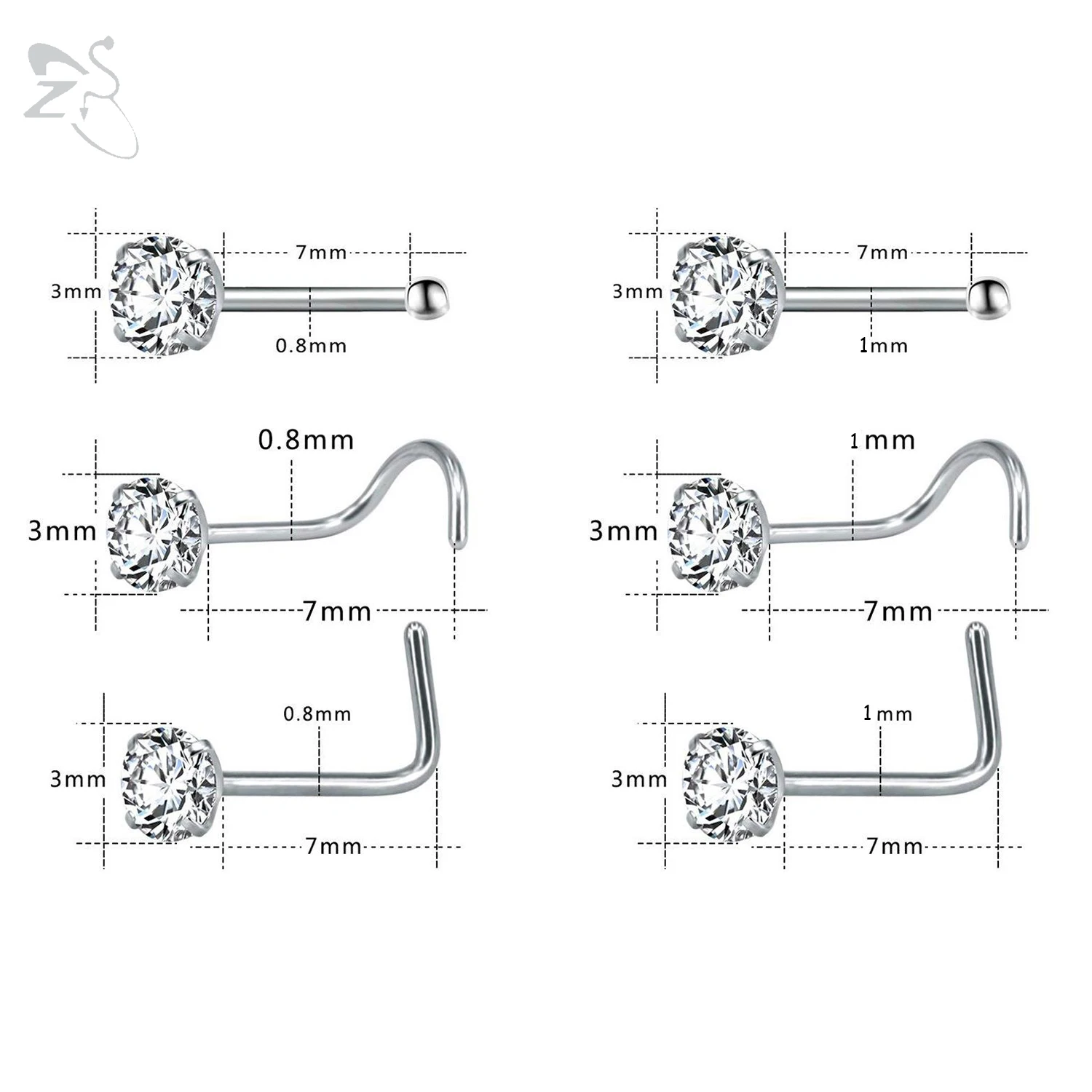 ZS 3-12pcs/lot Stainless Steel Nose Stud Set Round Heart Star CZ Crystal Round Nose Piercings L Shape Nostril Piercing 18/20G