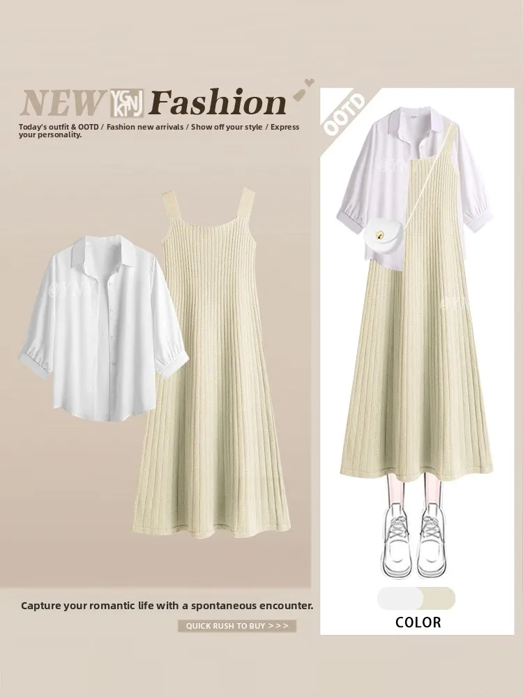 

Korean Gentle Sle Women's Long Sve irt And Knitted ter Dr Set Sweet Faion Autumn Outfit Two-Piece Suit