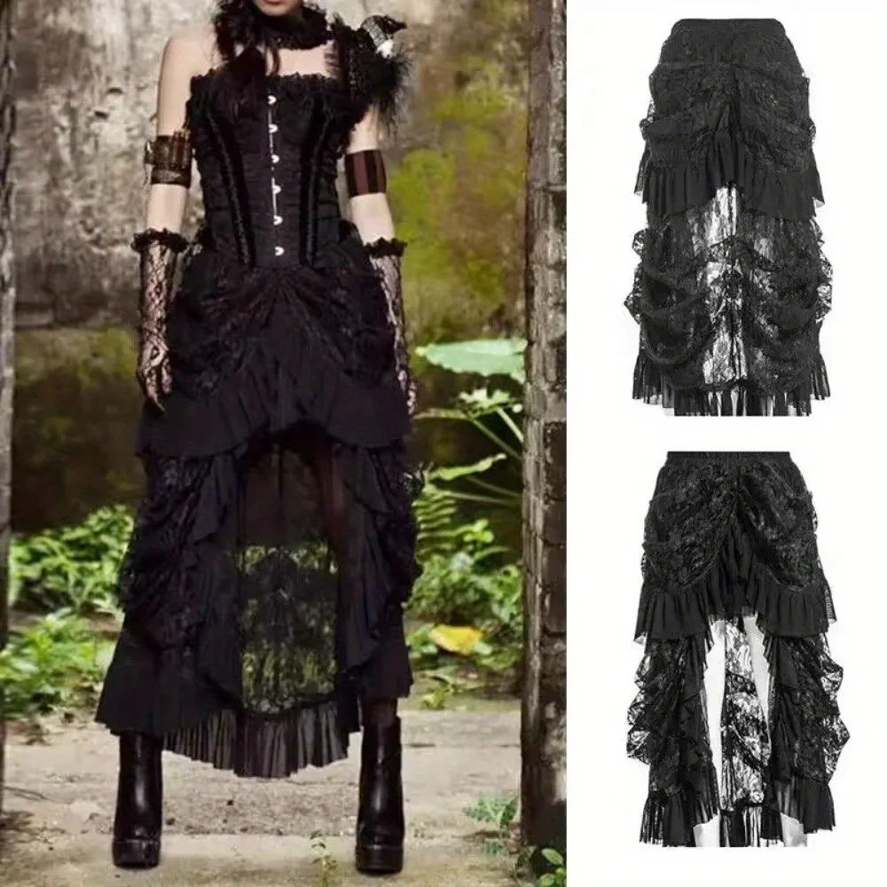 Vestido de fiesta gótico Steampunk euroamericano: vestido largo de encaje con cola de pájaro más vendido para mujer, ropa de noche formal inspirada en el punk
