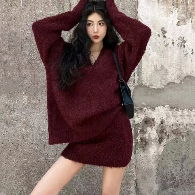 2024 Spring New Korean Loose Lazy V-neck Long Sleeve Knitted Sweater+High Waist Short Skirt Two Piece Set for Women