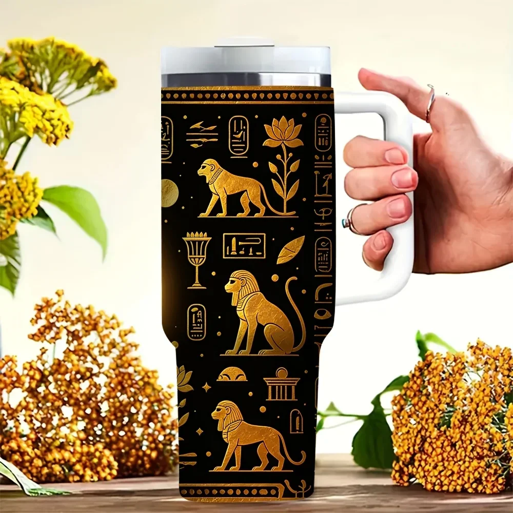 40Oz Tumbler with Handle, Featuring Ancient Egyptian Golden Lion Hieroglyph Sun Print, Suitable for Adult Daily Use, Fits Both Hot And Cold Drinks Ideal for Outdoor And Daily Activities