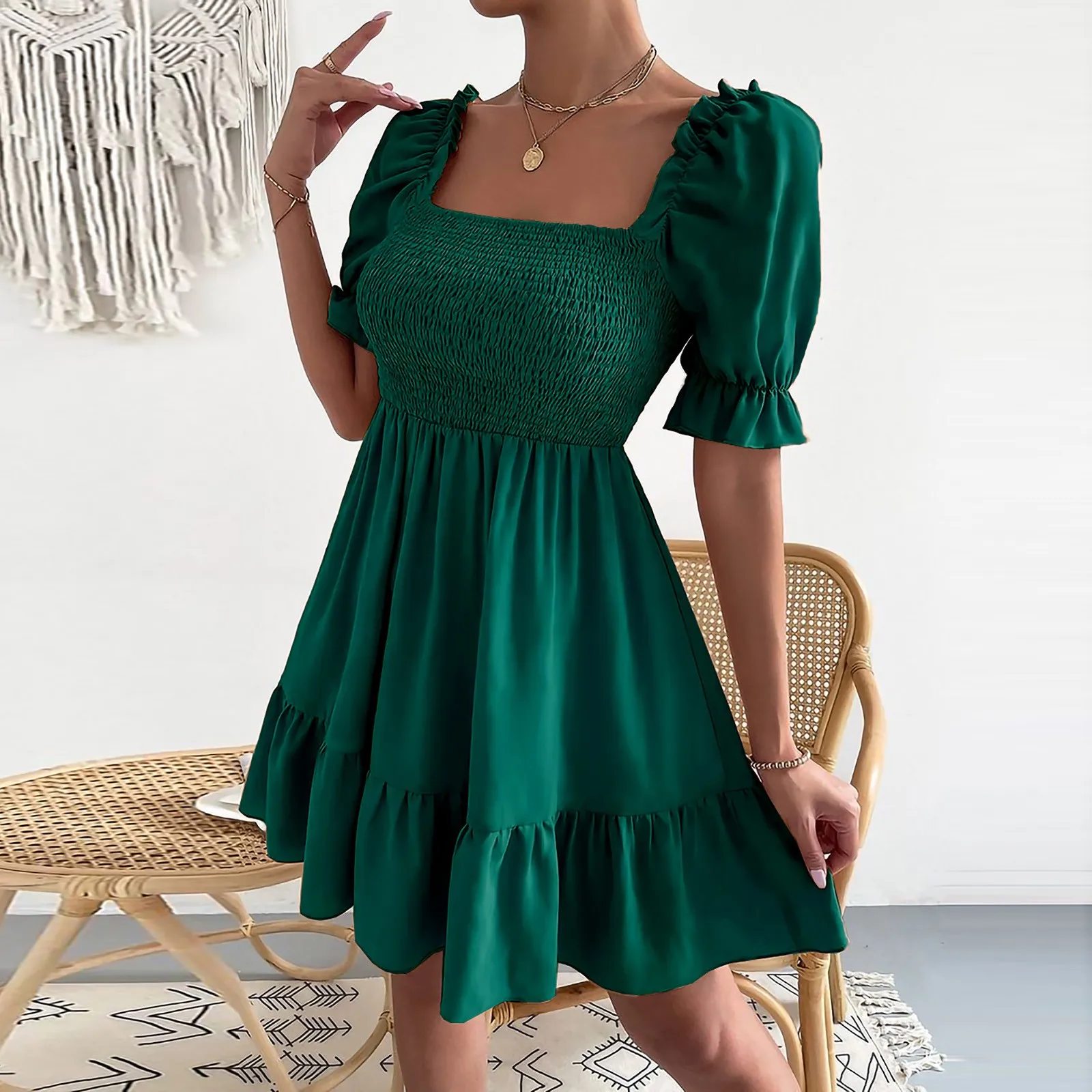 Fall Dresses For Women 2024 Solid Color Short Sleeve High Waist Ruffled Mini Sundress Elegant Prom Evening Dress For Women