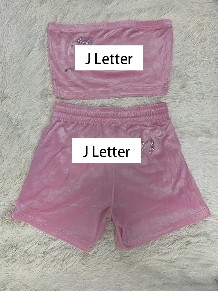 Women 2 Pieces Short Sets Velvet Tracksuit Strapless Top and Drawstring Shorts New in Matching Outfits for Summer