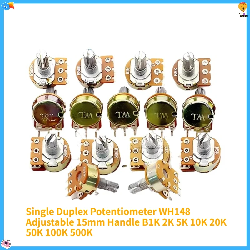 5PCS Single Duplex Potentiometer WH148 Adjustable 15mm Handle B1K 2K 5K 10K 20K 50K 100K 500K Electronic Component