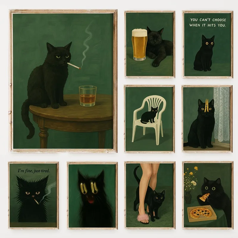 Frameless Dark Humor Retro Black Cat Smoking Canvas Poster, Und Cats With Whiskey Canvas Painting Wall Art For Living Room Decor