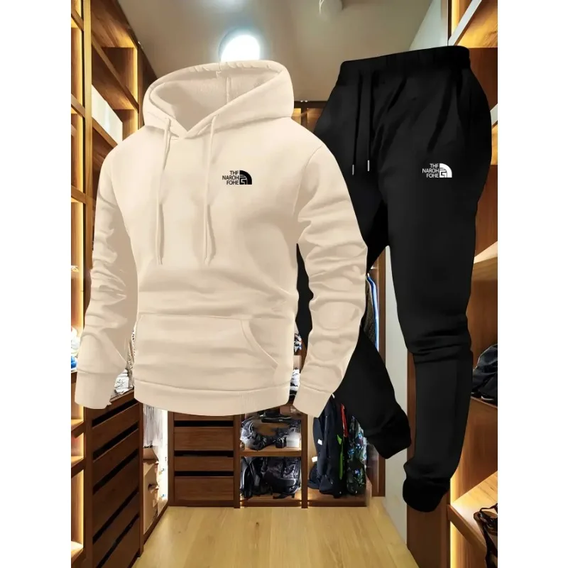 

2025 Men's Autumn-Winter Printed Leisure Two-Piece Set: Hooded Sweatshirt with Pockets and Long Pants Outdoor Sports Suit