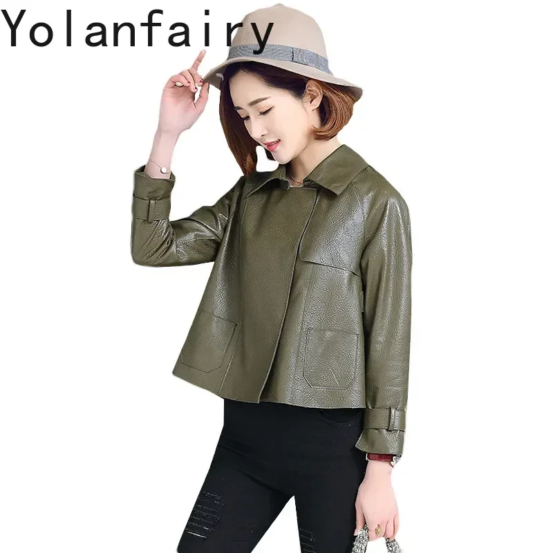 

YOLANFAIRY куртка из натуральной кожи, женская одежда, осенняя мода, куртки из овчины в корейском стиле, женская верхняя одежда, шикарный трендовый топ