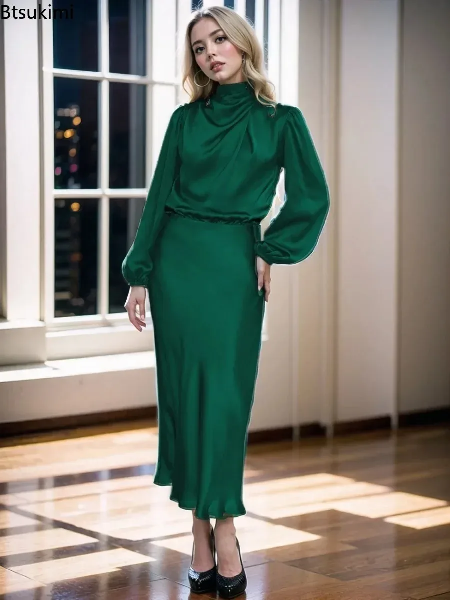 Eleganckie damskie ubrania 2025, wysokiej jakości satynowe sukienki maxi z długim rękawem i golfem, sukienki koktajlowe na przyjęcia i wieczorne wyjścia.