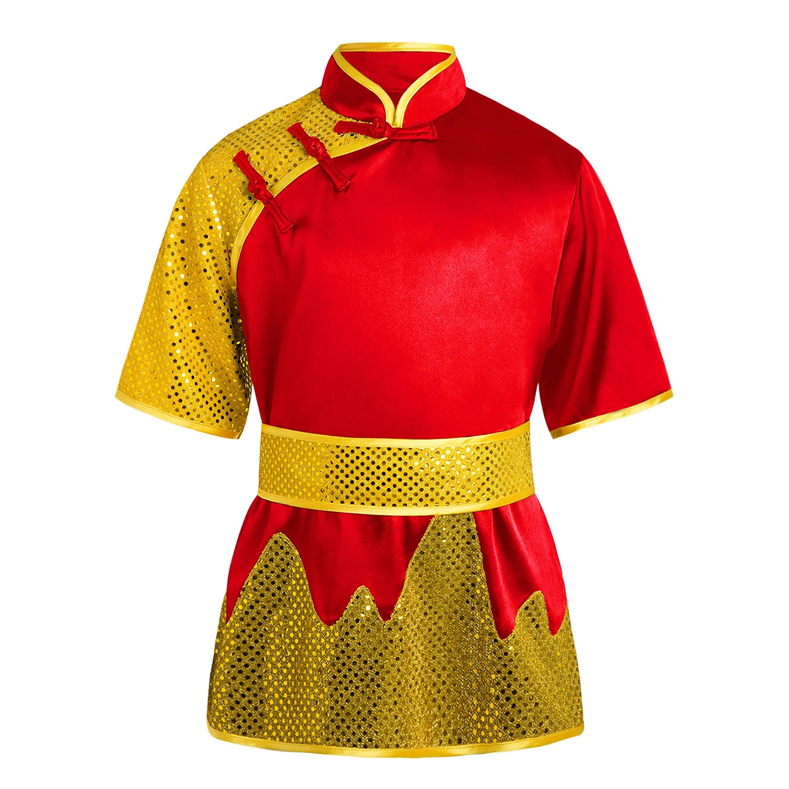 Boys Martial Arts Tops Performance Costume Knot Buttons Mandarin Collar Short Sleeve Color Block Shiny Sequins Top with Belt