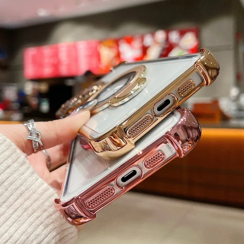 Luxury Plating Shockproof Magnetic Bracket For Magsafe Clear Case For iPhone 15 16 14 13 12 11 Pro Max With Holder Stand Cover