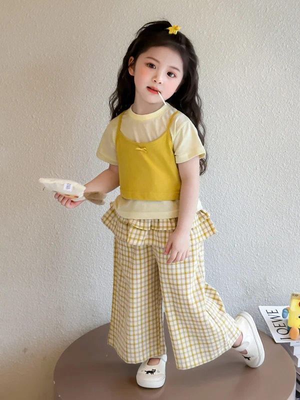 

Girls Summer Outfit Set 2025 New Faion Baby Korean ort Sve Vest Strap Long Pants Tee Piece Set Child Faion Ensemble