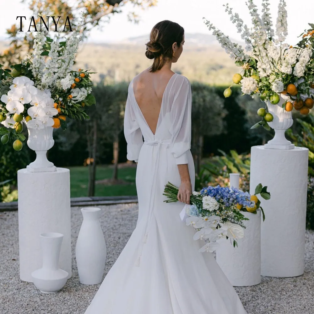 Elegancka suknia ślubna Merimaid z miękkiej satyny i szyfonu z długimi rękawami bez pleców z wysokim rozcięciem i prostą suknią ślubną G4555