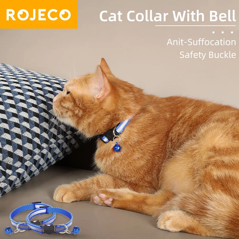 ROJECO Cat Colorful Collar with Bell Night Safety Adjustable Pet Collar Reflective Buckle Necklace Cat Accessories for Pet