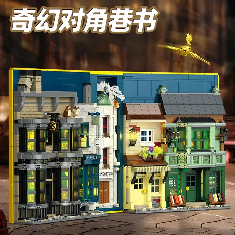 Movie MOC JIESTAR JJ9058 Movable Book Wizard World Monment The Wand Shop & Wizard Books Model 1976PCS Building Blocks Brick Toys