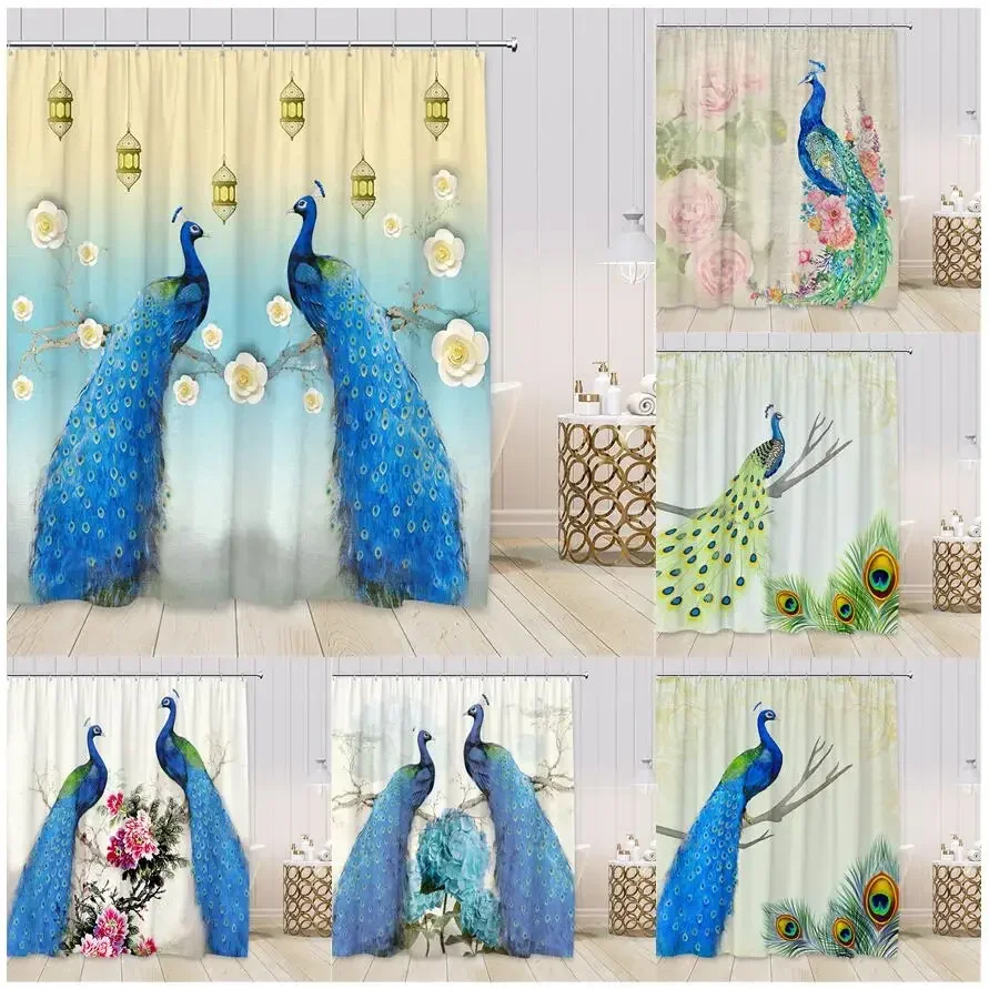 Blue Peacocks Shower Curtain Chinese Style Birds Feather White Pink Flowers Asian Bathroom Decor Polyester Fabric Curtains Hooks