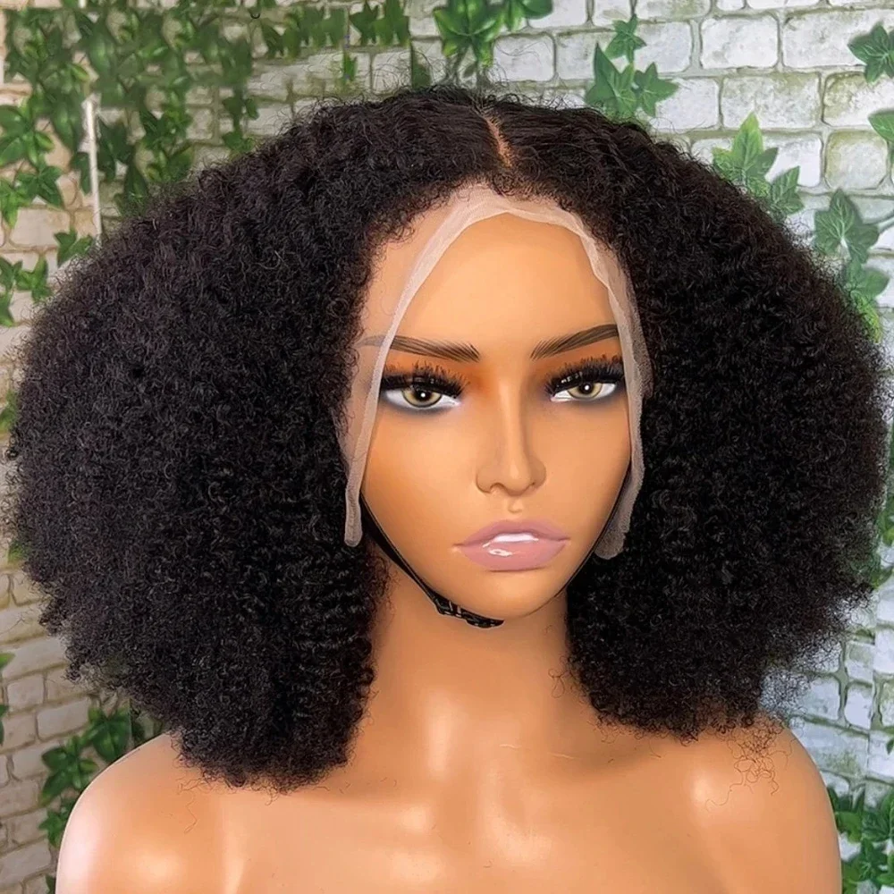 Perruque Bob Lace Front Wig Synthétique Courte pour Femme, Cheveux Crépus Bouclés, Cheveux de Bébé Sans Colle, Noir Naturel, Pre-Plucked, Densité 180, 16 ", Mode