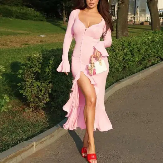 

Summer New Fashionable and Sexy Deep V-Neck Solid Color Simple Button Front Hemp Splicing Long Sleeve Hip Hugging Women's Dress