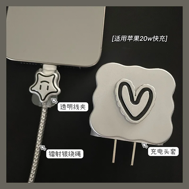 Kawaii Silver 3D Heart Star Electroplating New USB Protector Cover for iPhone 18W/20W Data Line Head Cord Fast Charging Case