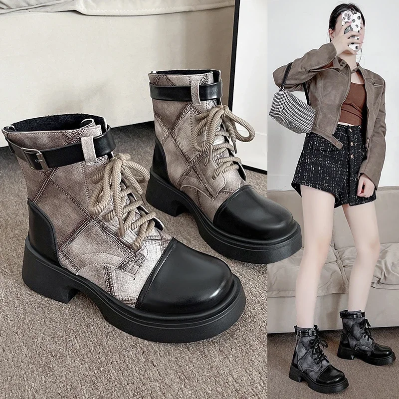 British Style Work Boots 2024 Autumn New Women's Thick Sole Thick Heels Super Hot Denim Retro High Waist Short Boots Women Boots