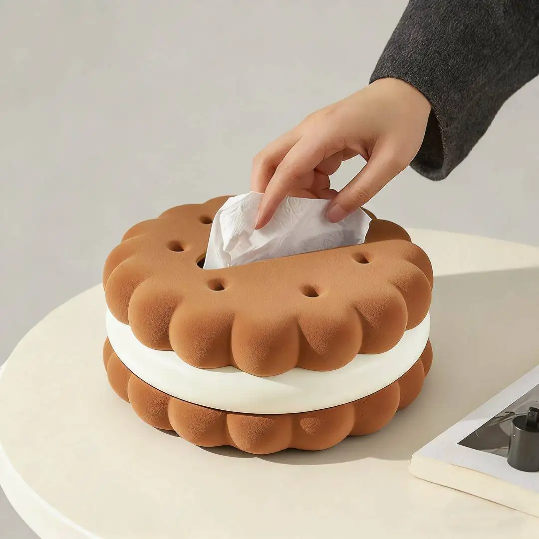 

Cute Cookie Tissue Box Flocked Cream Cookie Tissue Holder Healing Style Office Desktop Tissue Dispenser for Home & Bathroom Gift