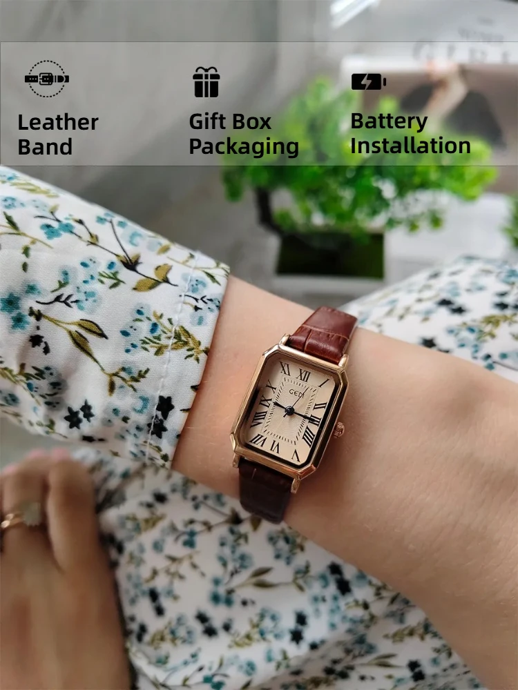Vintage Brown Women's Quartz Watch Fashion Square Roman Numerals Clock Exquisite Leather Elegant Women's Watches
