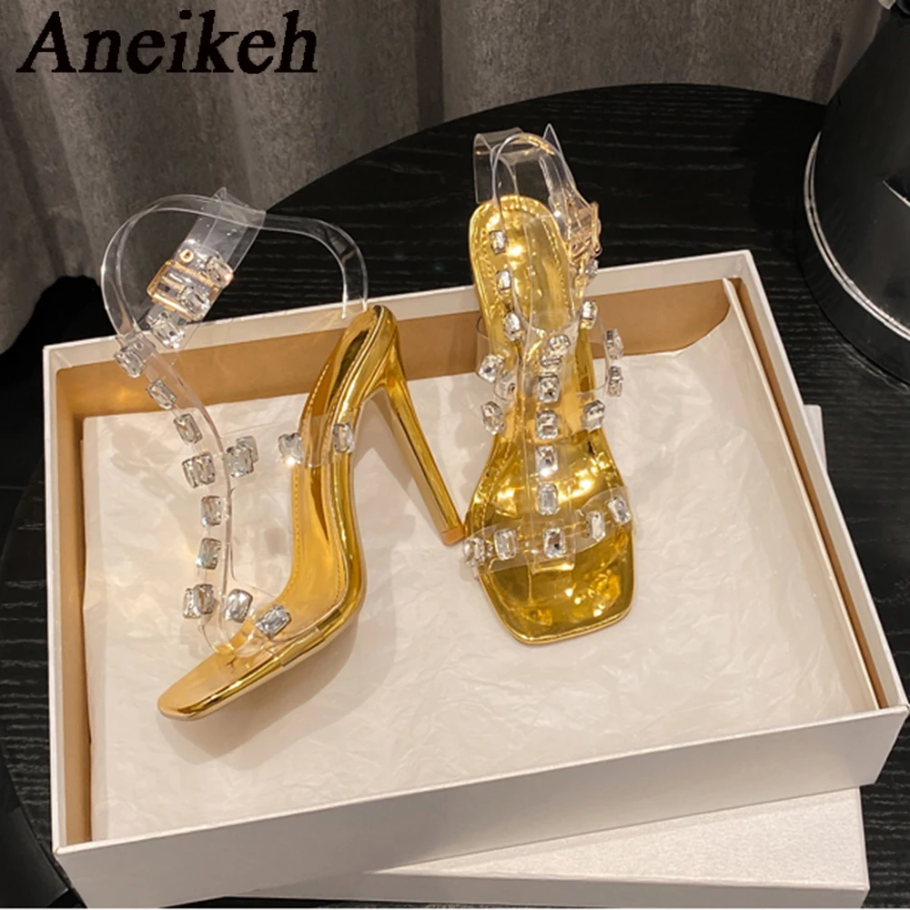 Aneikeh Summer Clear PVC Sandals Square Toe Stiletto High Heels Crystal Chain Ankle Strap Party Prom Shoe Elegant Designer Pumps