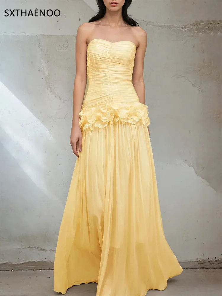 SXTHAENOO Solido Impiombato Fungo Abiti Dimagranti per Le Donne Senza Spalline Senza Maniche Patchwork Pieghe Abito Midi Abbigliamento Femminile Nuovo