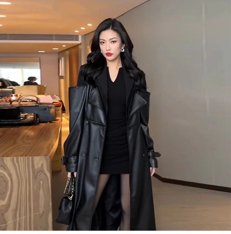 Lautaro Autumn Long Black Patchwork Pu Leather Trench Coat for Women Double Breasted Loose Stylish Luxury Designer Clothing 2023