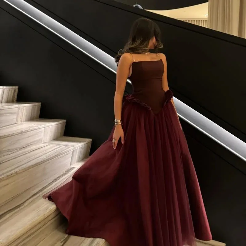 

Customized Boat-neck Evening Dress Gorgeous Strapless Prom Dresses Tulle Formal Occasion Sleeveless Party Gown Robe Soiree