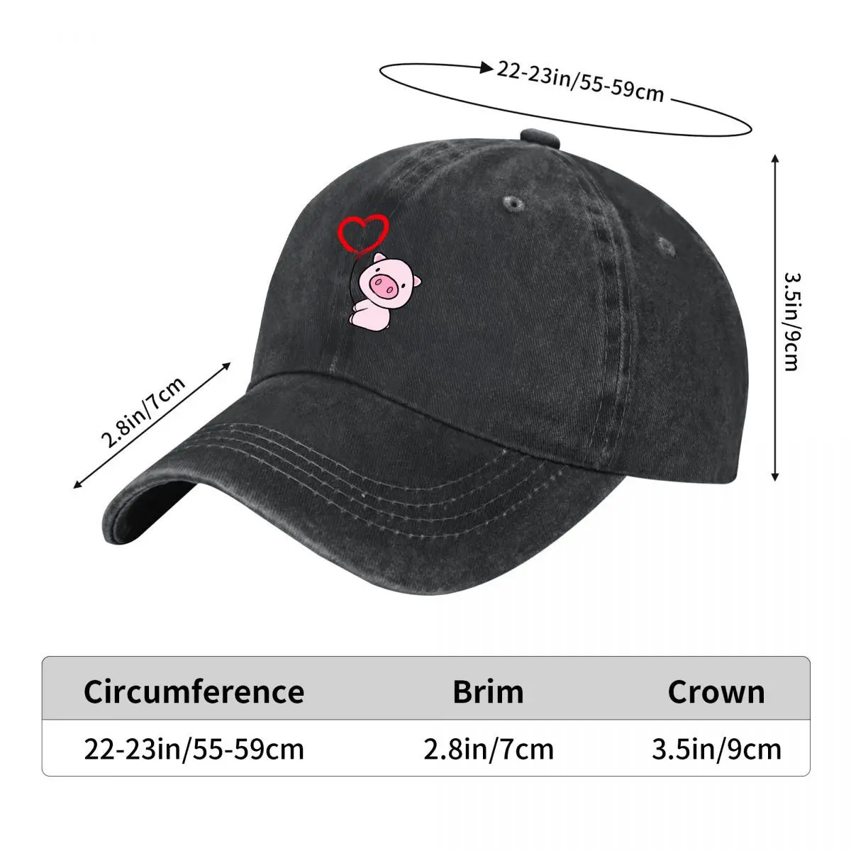 Cute Pink Pig Holding Red Heart Balloon Illustration New Vintage Washed Cotton Baseball Cap Sun Hats