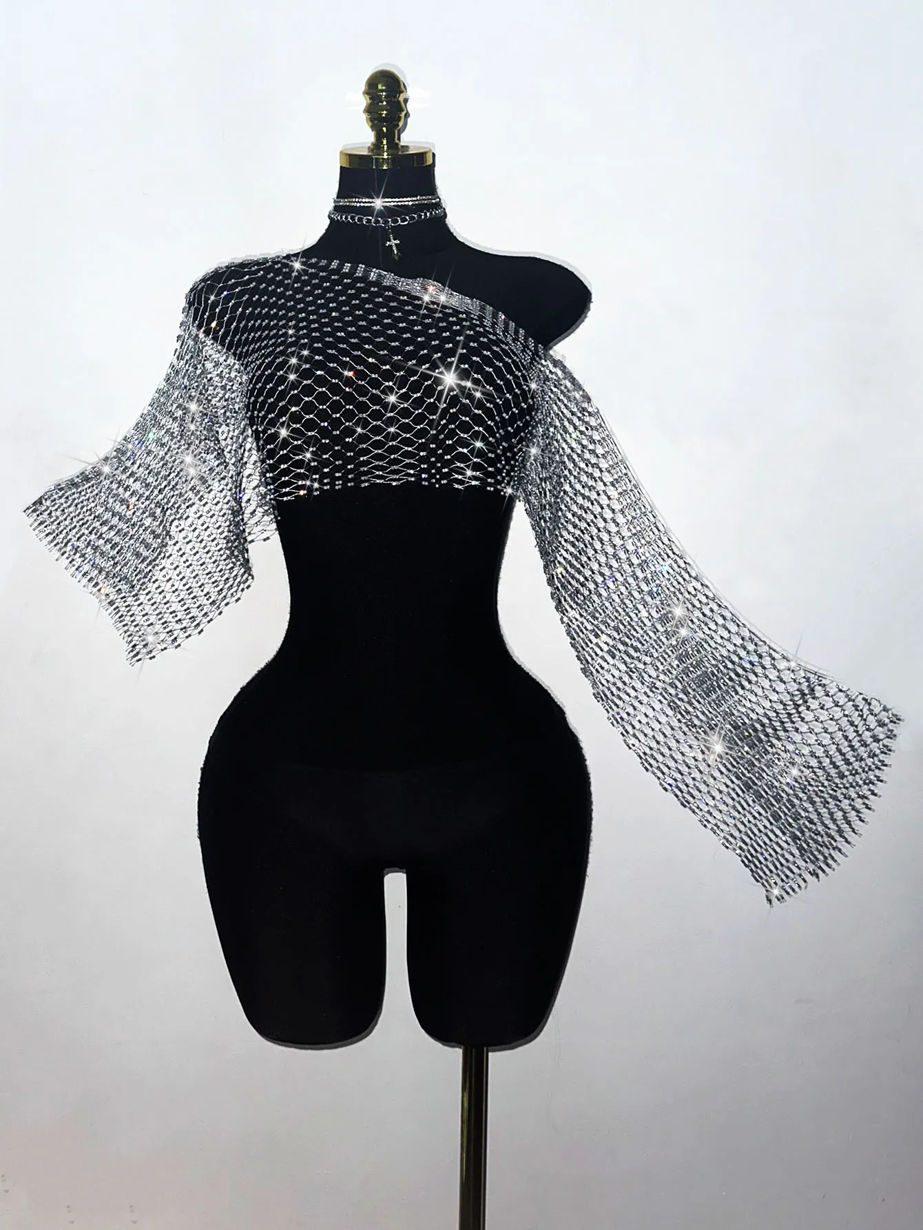 Shiny Rhinestone Mesh Women Cover Up Sexy Transparent Hollow Fishnet Diagonal Collar T Shirt Holiday Party Club Crop Tops