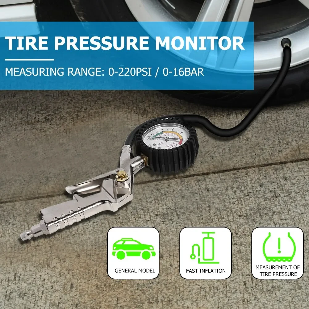 Alat ukur tekanan udara ban motor, alat pengukur Dial Meter pompa Inflator 220PSI ban multifungsi