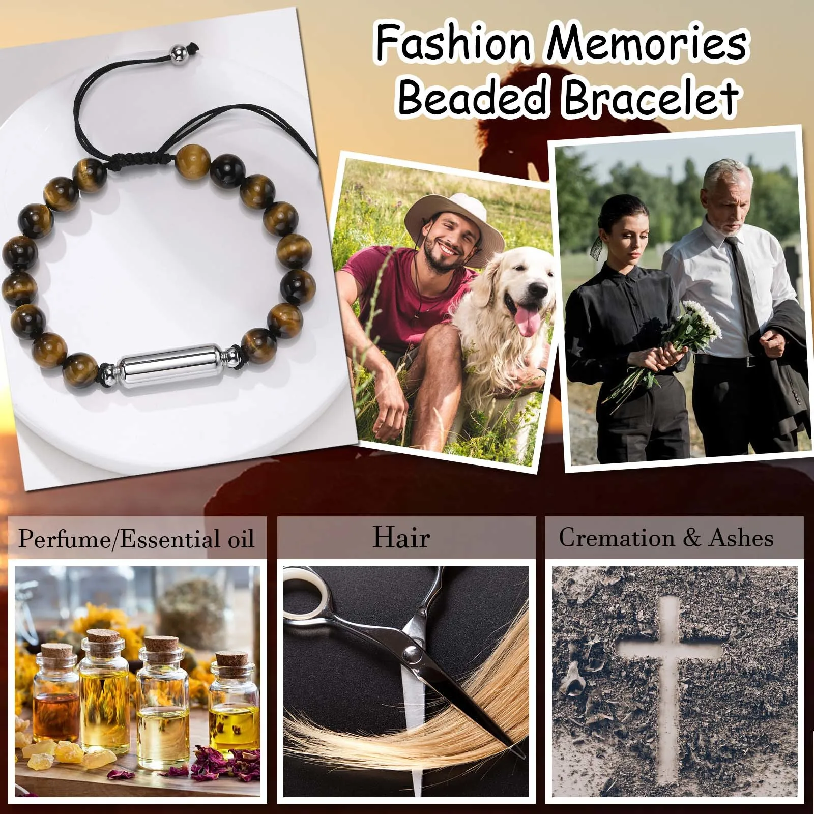 Vnox Dropshipping Cremation Urn Bracelets for Men, Adjustable Tiger Eye Beads Chain Wristband, Pet Family Papa Ashes Holder