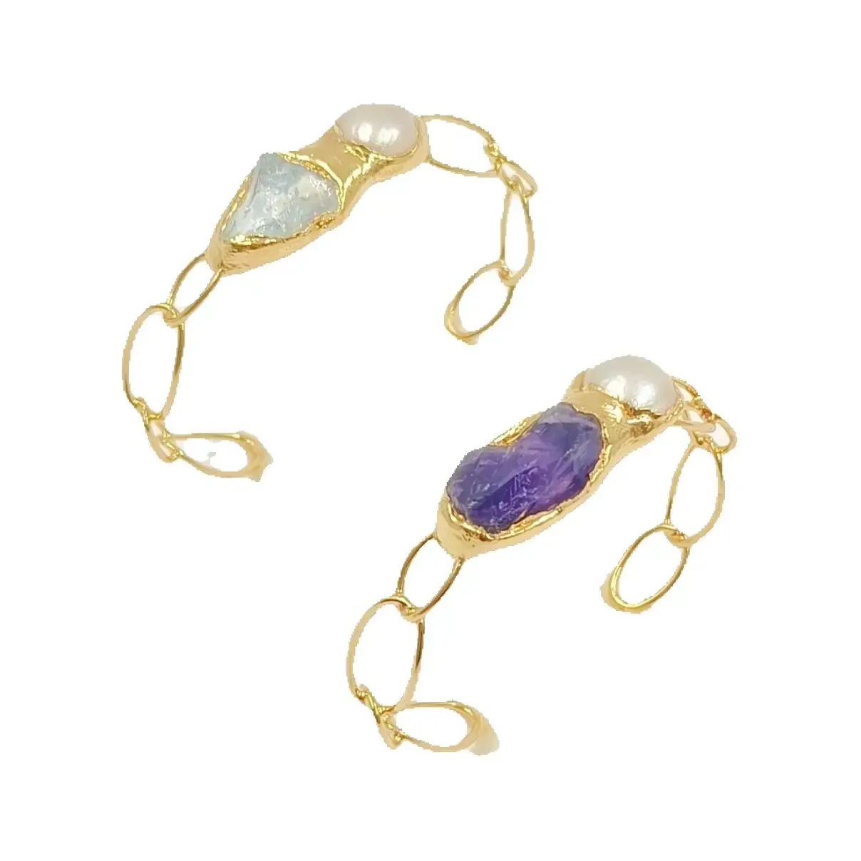 WT-B699 Amethyst Stone And Pearl Paved Hollow Design Yellow Brass Cuff Bangel  For Women Retro Fine Accessory
