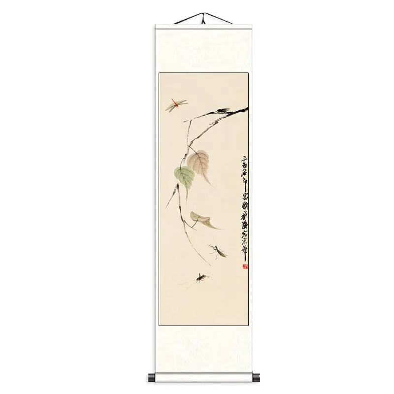 Zen Style Floral Bird Hanging Scroll - Simple Ink Painting Wall Decor for Tea Room, Study, Home