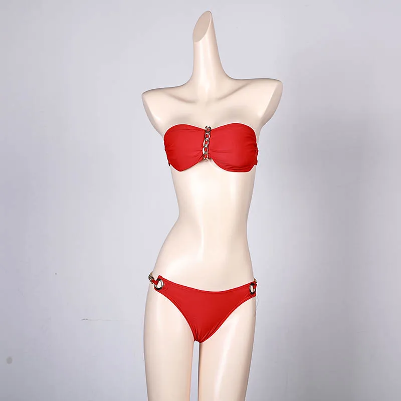 Bikinis Sets Woman Swimsuits Solid Chain Splicing Tube Up Two Piece Bikini Set Split Swimwear 2 Piece Swimsuit Biquinis Feminino
